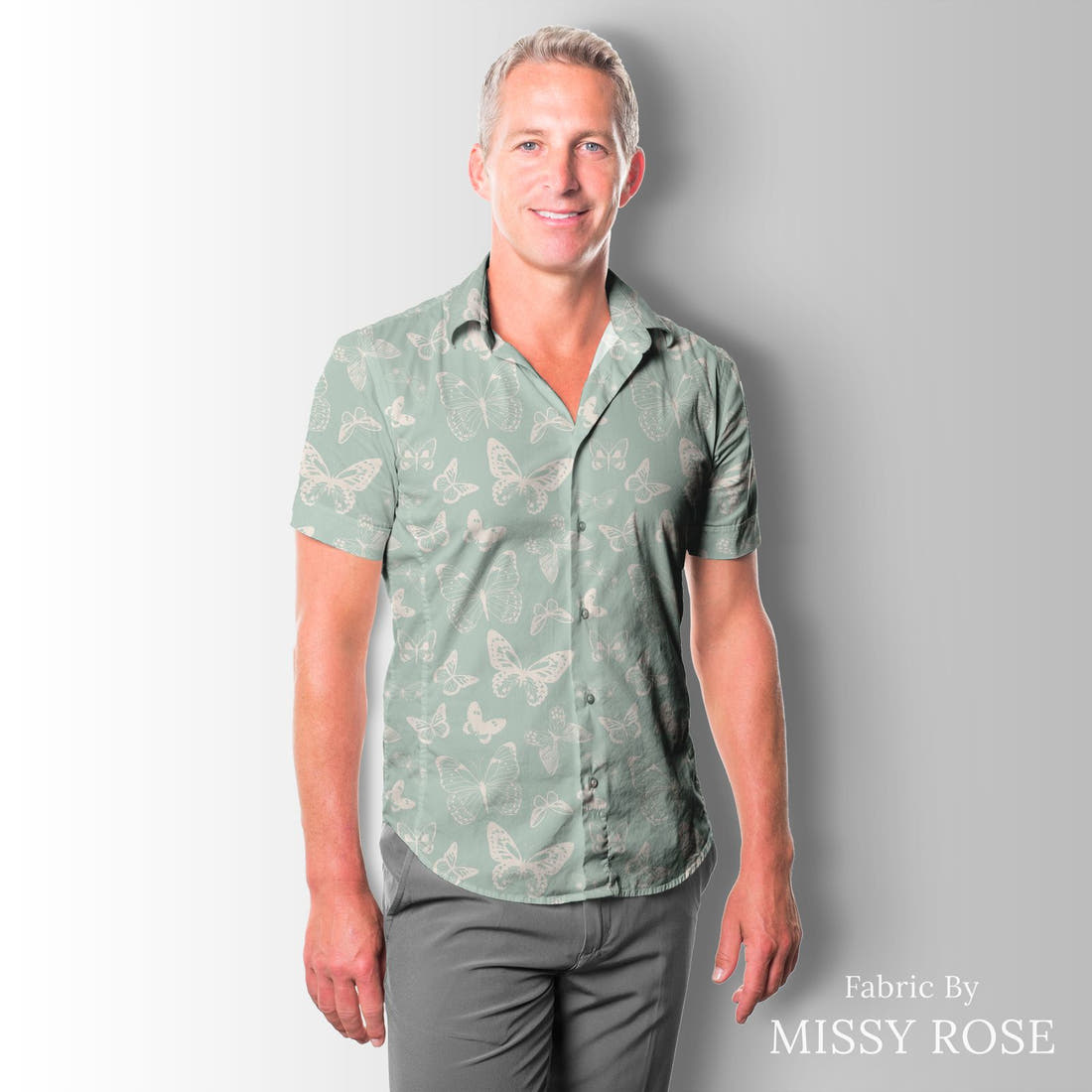 Indy Bloom Fabric Boho Butterflies Aqua 01 sewn into a men's shirt - custom printed fabric | Fabric by Missy Rose