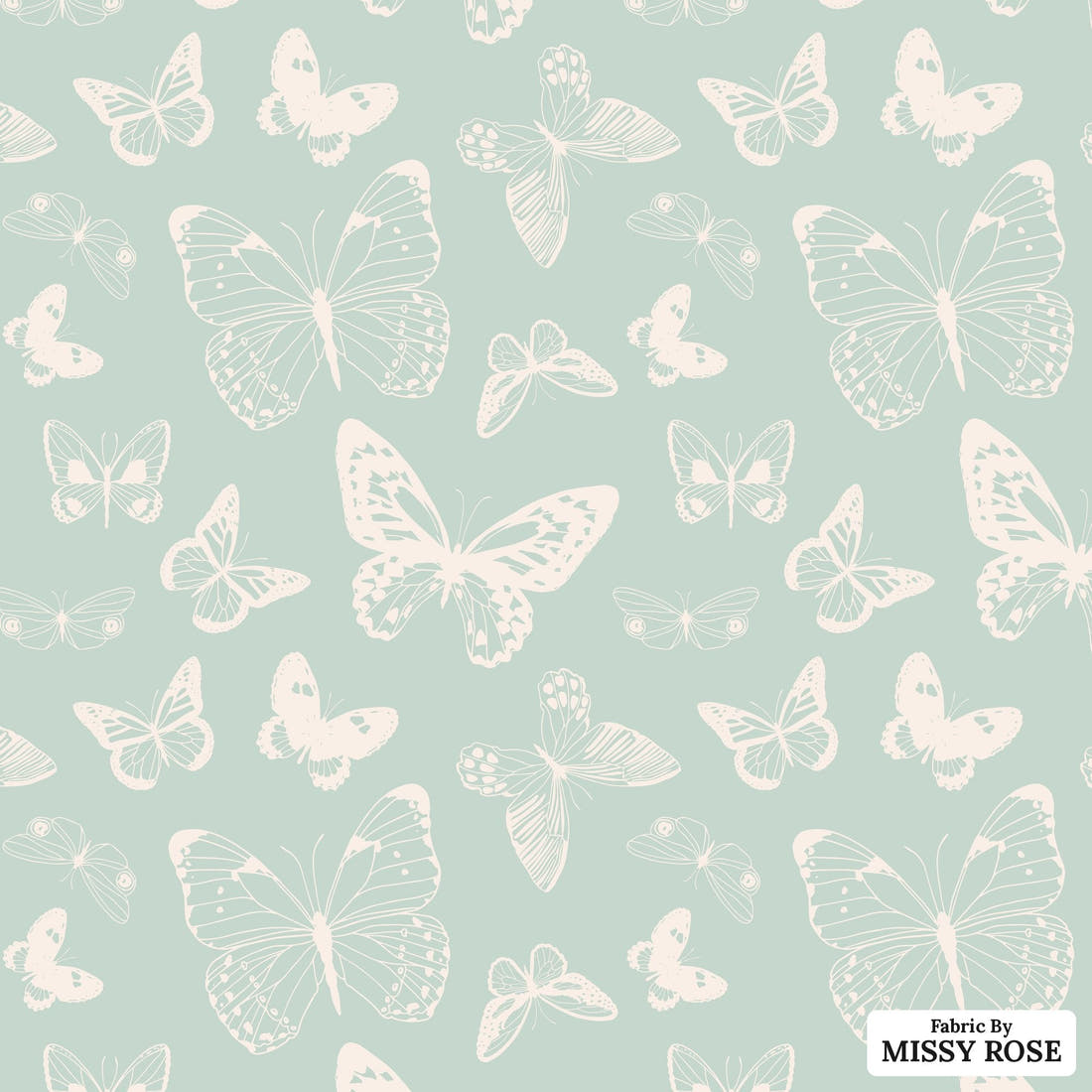 Indy Bloom Fabric Boho Butterflies Aqua 01 flat view of the printed design | Fabric by Missy Rose