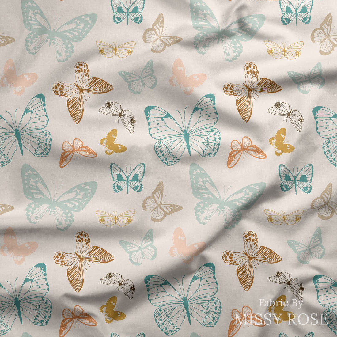 Indy Bloom Fabric Boho Butterflies Cream 03 draped fabric mockup - custom printed fabric by the metre | Fabric by Missy Rose