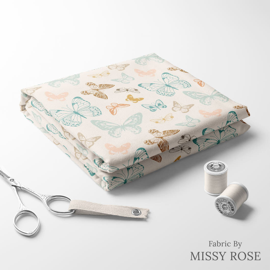 Indy Bloom Fabric Boho Butterflies Cream 03 folded fabric stack with matching thread - pre-order fabric Australia | Fabric by Missy Rose
