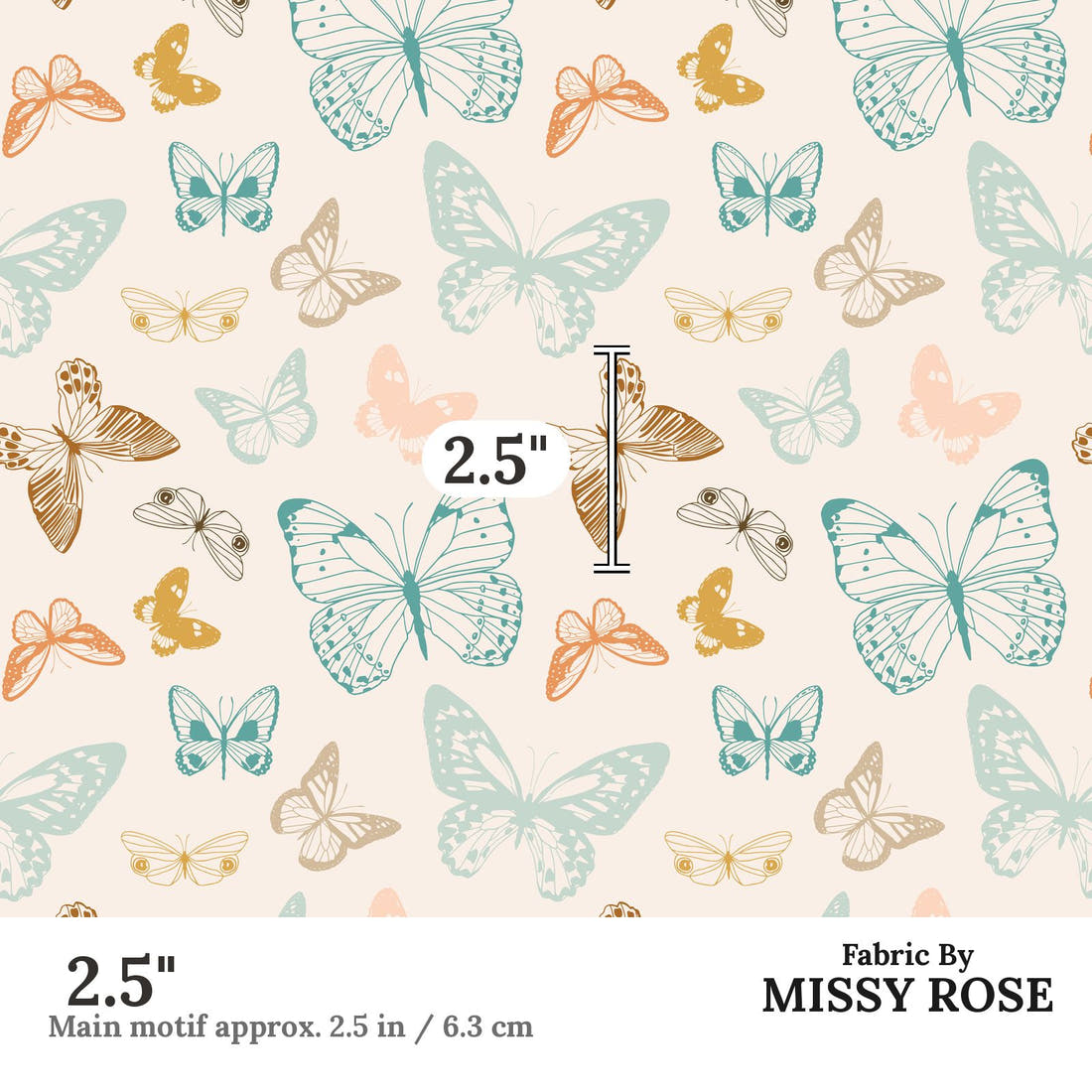Indy Bloom Fabric Boho Butterflies Cream 03 2.5 inch print scale guide | Fabric by Missy Rose