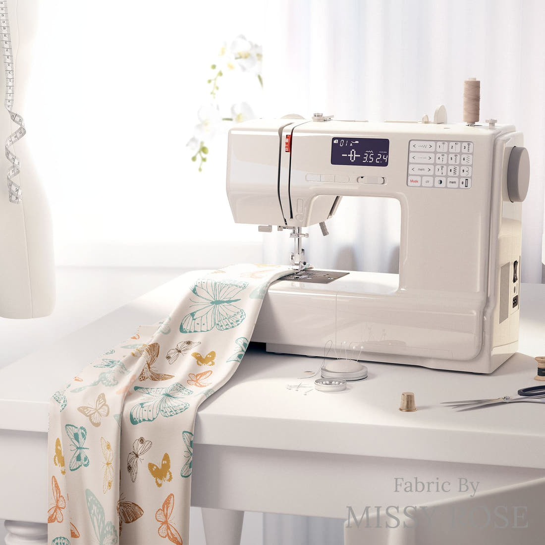 Indy Bloom Fabric Boho Butterflies Cream 03 fabric on a sewing machine - sew your own | Fabric by Missy Rose