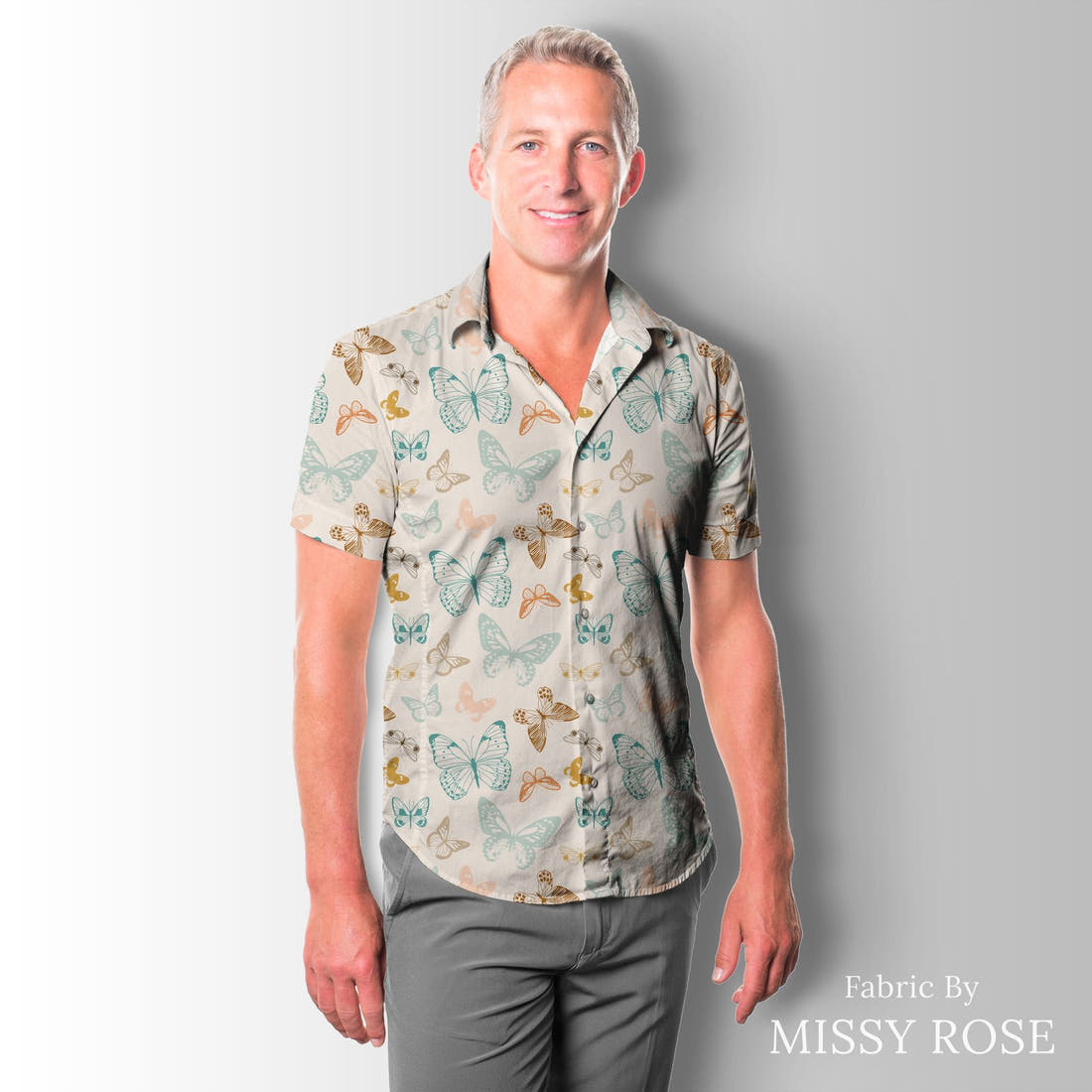 Indy Bloom Fabric Boho Butterflies Cream 03 sewn into a men's shirt - custom printed fabric | Fabric by Missy Rose