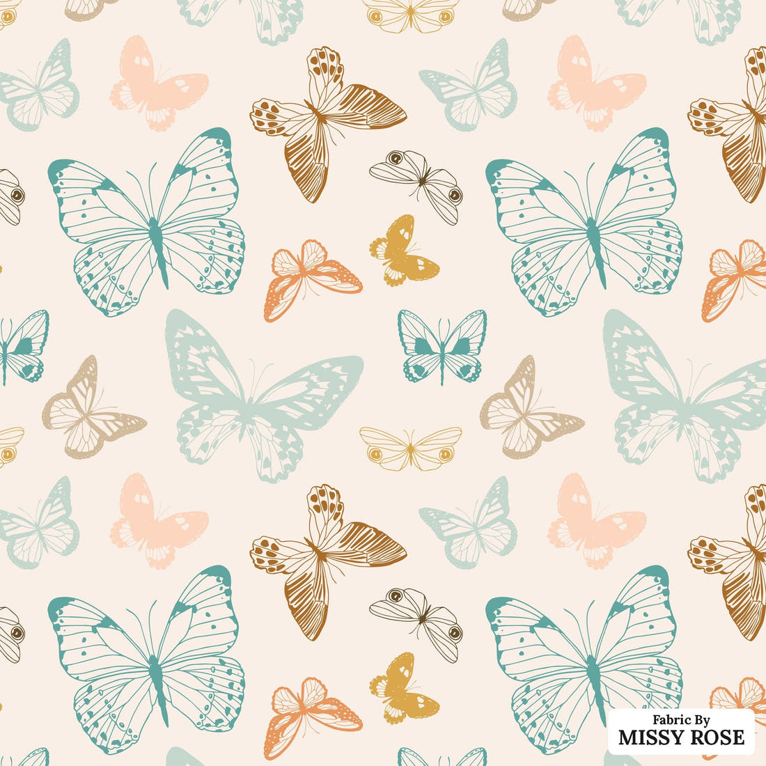 Indy Bloom Fabric Boho Butterflies Cream 03 flat view of the printed design | Fabric by Missy Rose