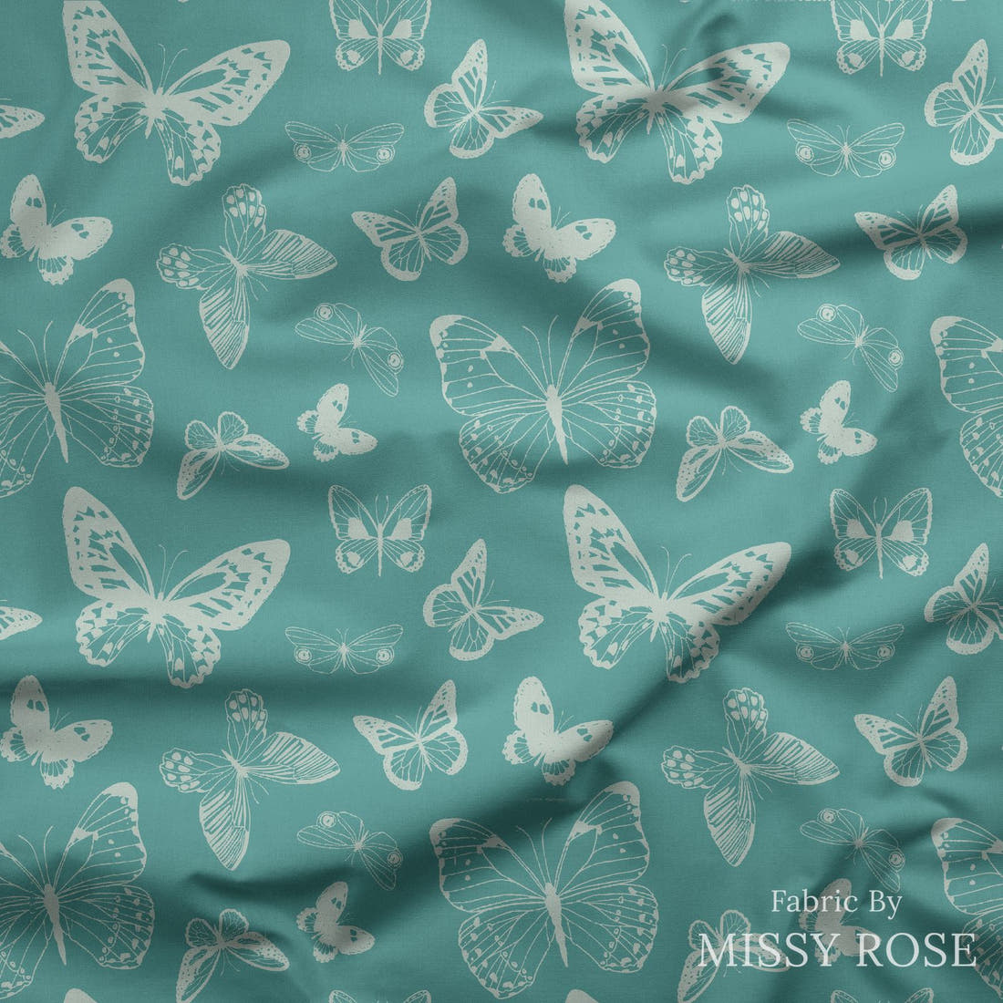 Indy Bloom Fabric Boho Butterflies Teal 04 draped fabric mockup - custom printed fabric by the metre | Fabric by Missy Rose