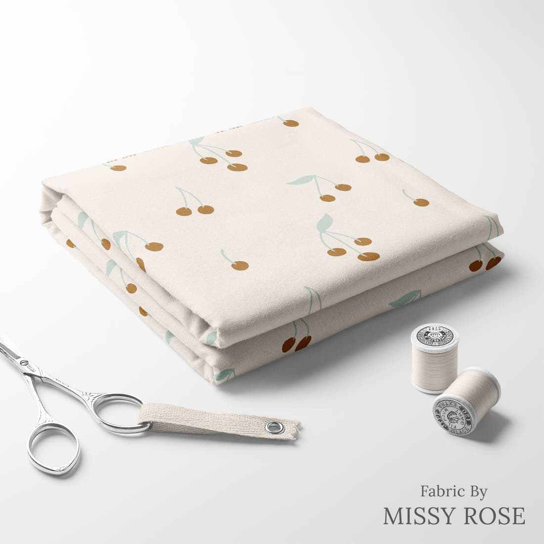 Indy Bloom Fabric Boho Cherrie Cream 06 folded fabric stack with matching thread - pre-order fabric Australia | Fabric by Missy Rose