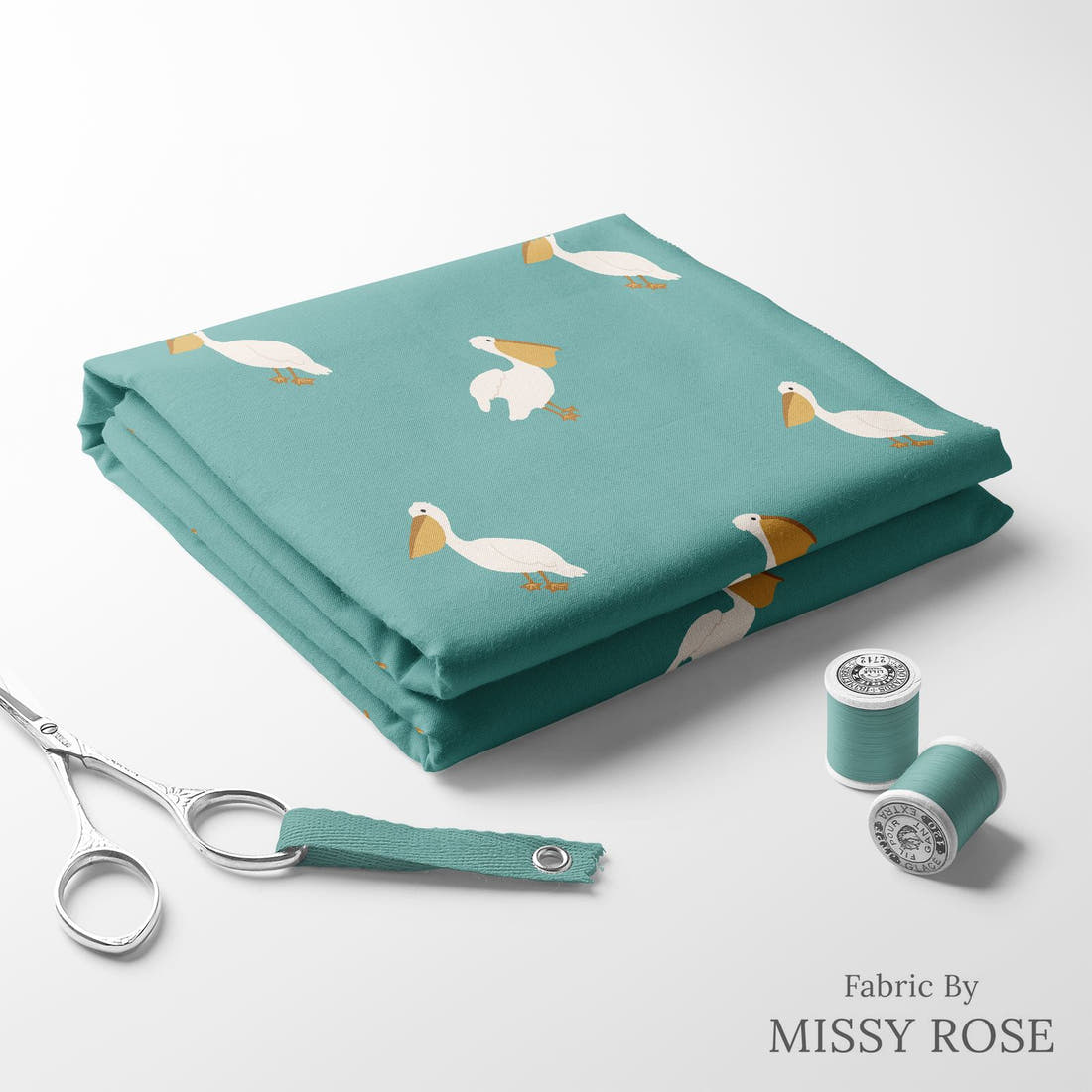 Indy Bloom Fabric Boho Pelican in Teal 14 folded fabric stack with matching thread - pre-order fabric Australia | Fabric by Missy Rose