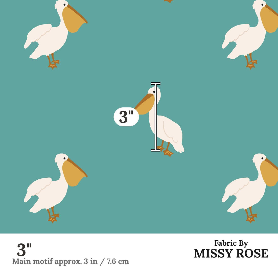 Indy Bloom Fabric Boho Pelican in Teal 14 3 inch print scale guide | Fabric by Missy Rose