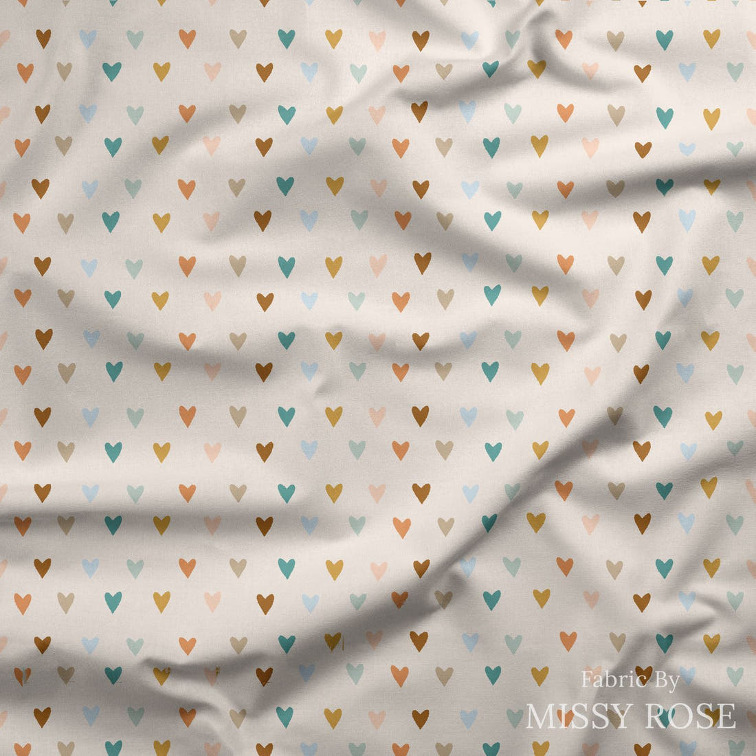 Indy Bloom Fabric Boho Rainbow Hearts 19 draped fabric mockup - custom printed fabric by the metre | Fabric by Missy Rose