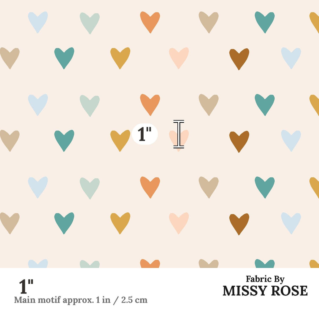 Indy Bloom Fabric Boho Rainbow Hearts 19 1 inch print scale guide | Fabric by Missy Rose