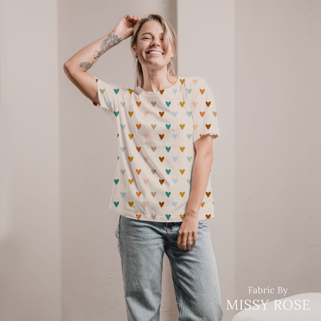 Indy Bloom Fabric Boho Rainbow Hearts 19 sewn into an all-over print shirt - custom printed fabric | Fabric by Missy Rose