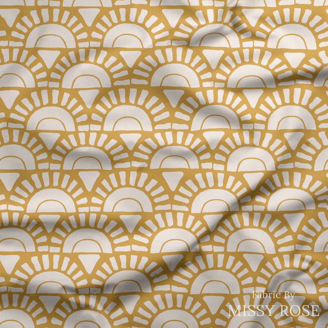 Indy Bloom Fabric Boho Sunshine in Golden 25 draped fabric mockup - custom printed fabric by the metre | Fabric by Missy Rose