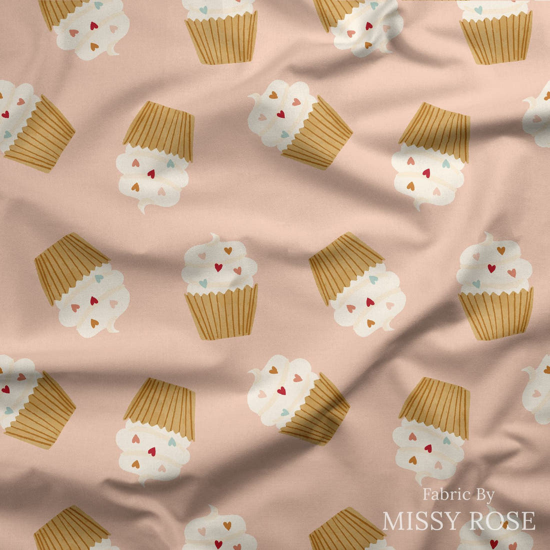 Indy Bloom Fabric Candy Crush Cuppy Cakes 02 draped fabric mockup - custom printed fabric by the metre | Fabric by Missy Rose