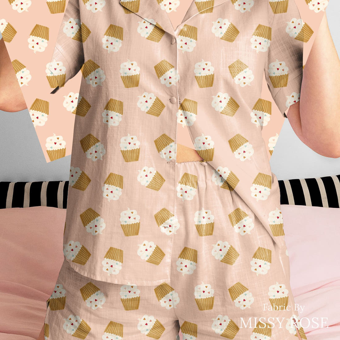 Indy Bloom Fabric Candy Crush Cuppy Cakes 02 sewn into a women's pyjama set - custom printed fabric | Fabric by Missy Rose