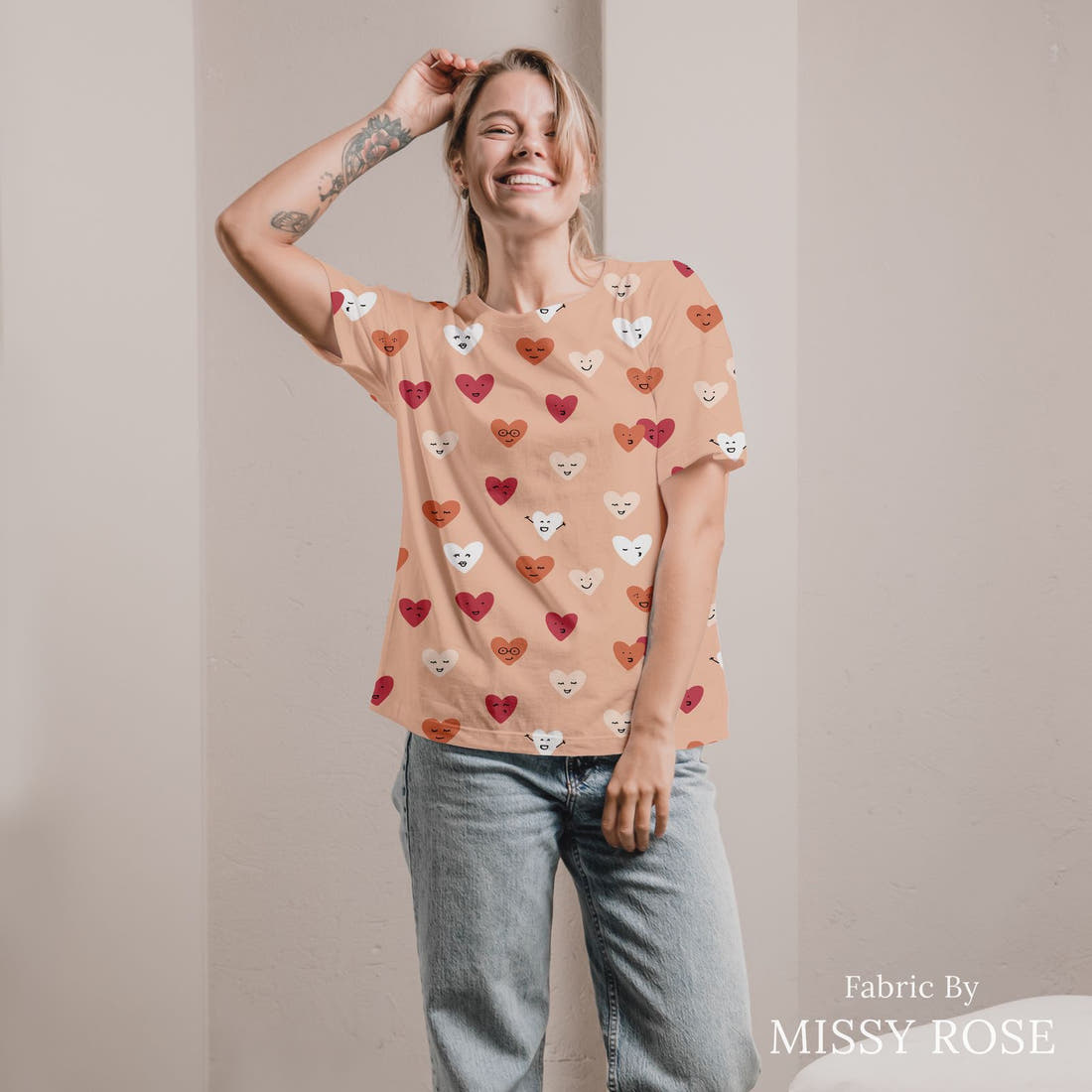 Indy Bloom Fabric Candy Crush Happy Hearts in Blush 06 sewn into an all-over print shirt - custom printed fabric | Fabric by Missy Rose