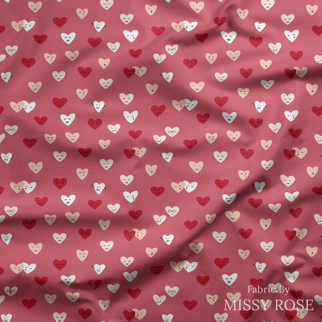 Indy Bloom Fabric Candy Crush Happy Hearts in Cranberry 05 draped fabric mockup - custom printed fabric by the metre | Fabric by Missy Rose