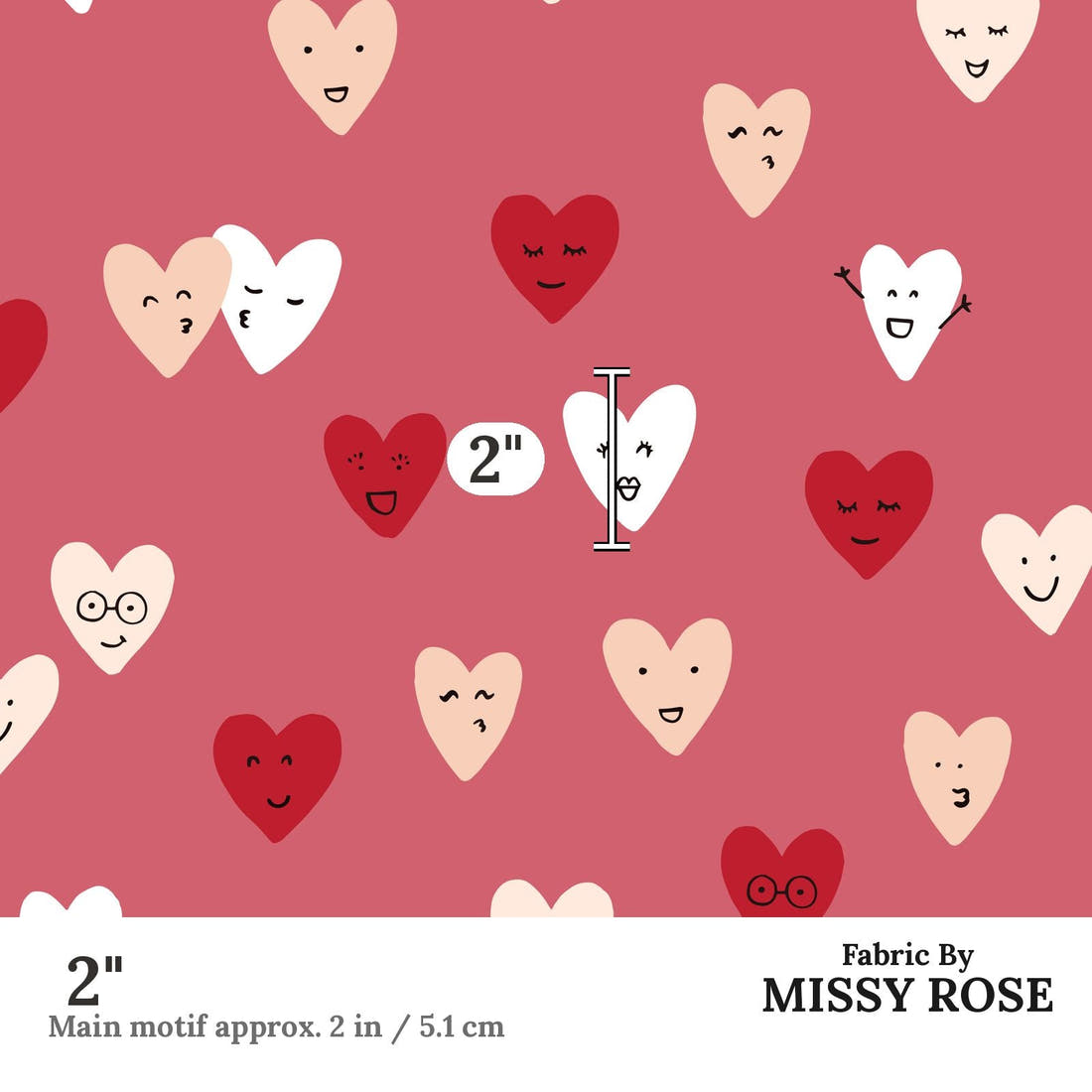 Indy Bloom Fabric Candy Crush Happy Hearts in Cranberry 05 2 inch print scale guide | Fabric by Missy Rose