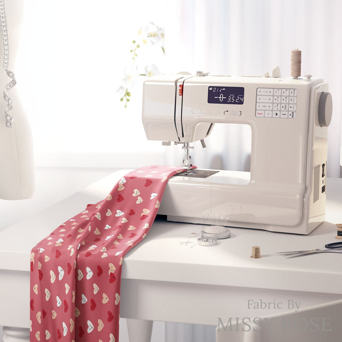 Indy Bloom Fabric Candy Crush Happy Hearts in Cranberry 05 fabric on a sewing machine - sew your own | Fabric by Missy Rose