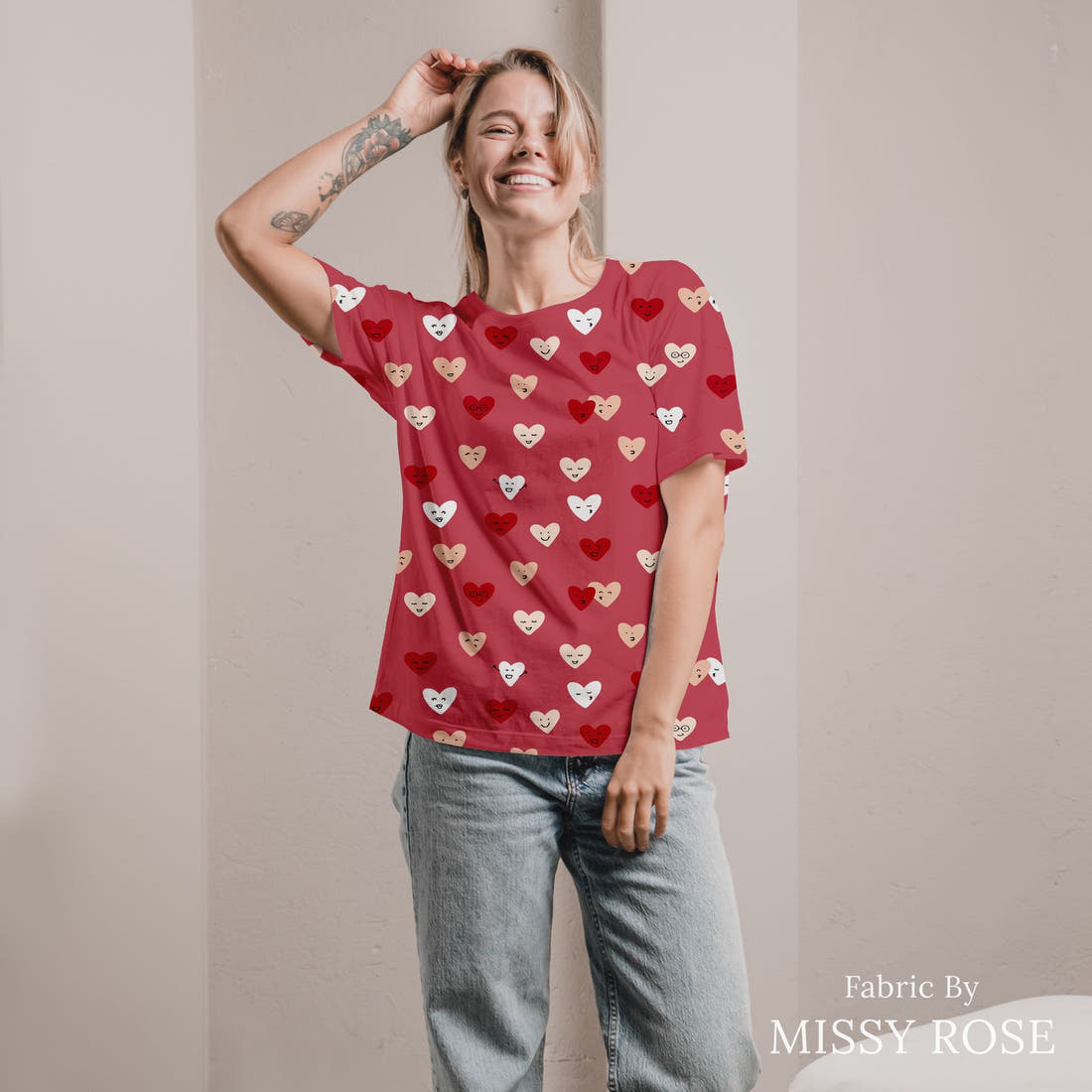 Indy Bloom Fabric Candy Crush Happy Hearts in Cranberry 05 sewn into an all-over print shirt - custom printed fabric | Fabric by Missy Rose