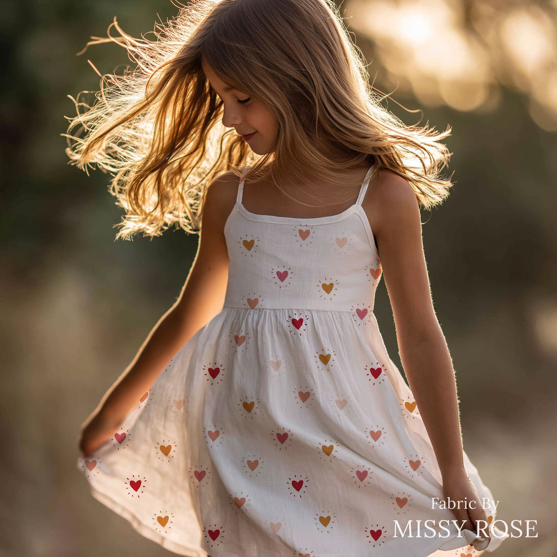 Indy Bloom Fabric Candy Crush Heart Throb 08 sewn into a girls' dress - custom printed fabric | Fabric by Missy Rose