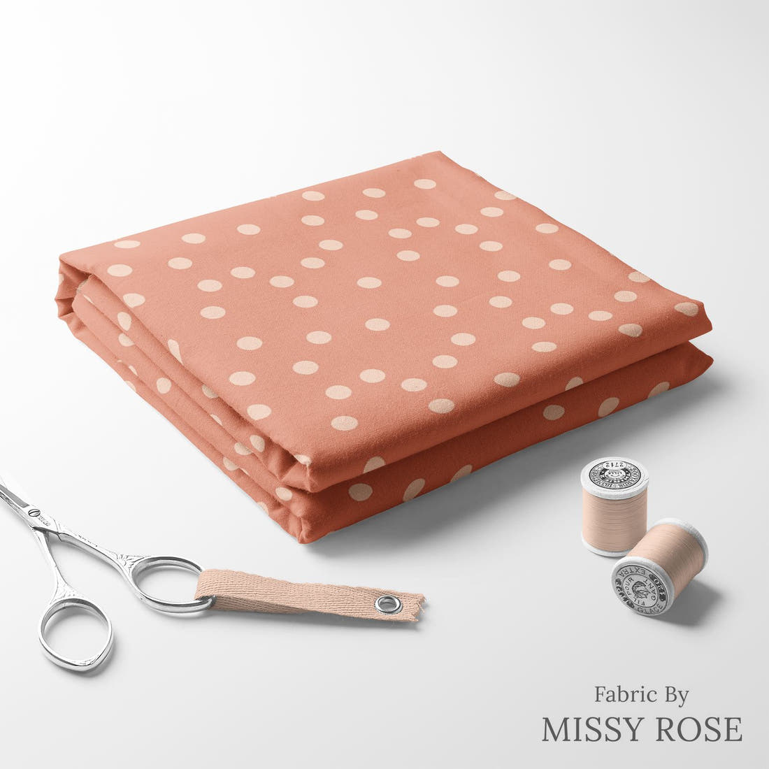 Indy Bloom Fabric Candy Crush Peach Polka on Coral 13 folded fabric stack with matching thread - pre-order fabric Australia | Fabric by Missy Rose