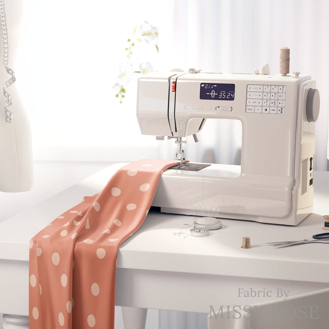 Indy Bloom Fabric Candy Crush Peach Polka on Coral 13 fabric on a sewing machine - sew your own | Fabric by Missy Rose