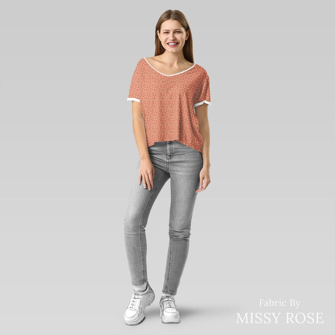 Indy Bloom Fabric Candy Crush Peach Polka on Coral 13 sewn into an everyday tee - custom printed fabric | Fabric by Missy Rose