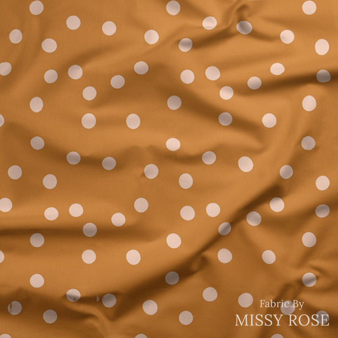 Indy Bloom Fabric Candy Crush Peach polka on Golden 15 draped fabric mockup - custom printed fabric by the metre | Fabric by Missy Rose