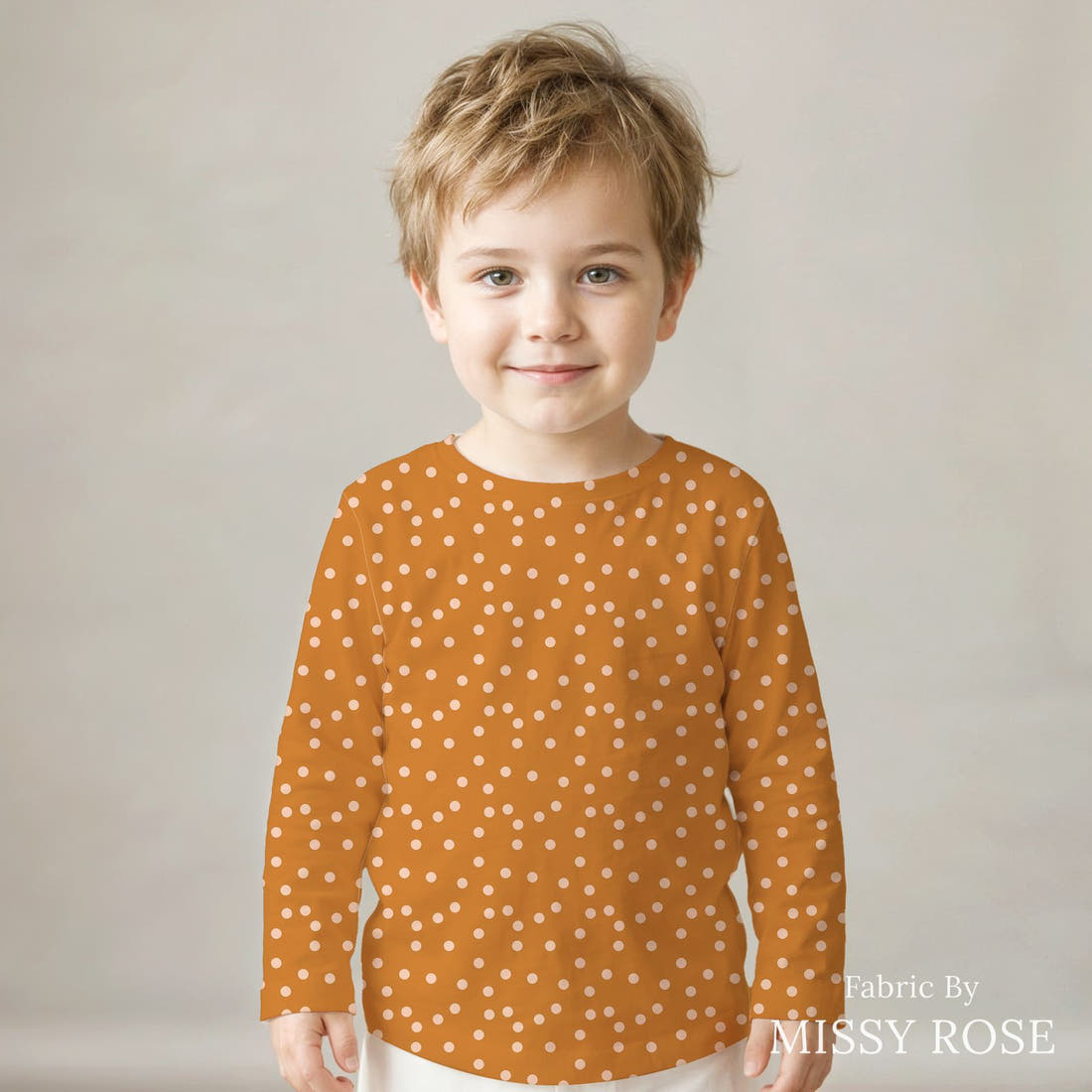 Indy Bloom Fabric Candy Crush Peach polka on Golden 15 sewn into a kids' all-over tee - custom printed fabric | Fabric by Missy Rose