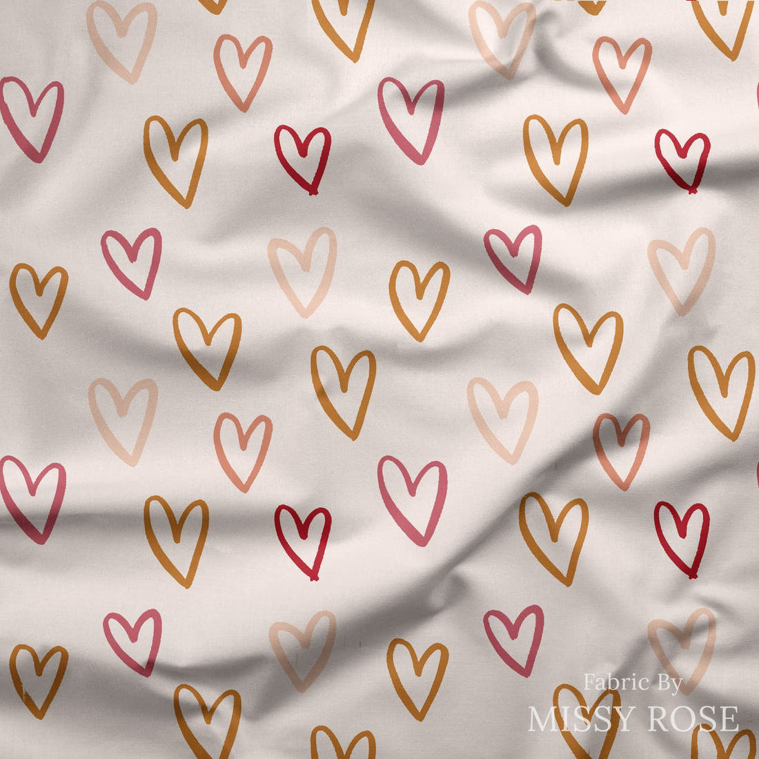 Indy Bloom Fabric Candy Crush Rainbow Hearts in Cream 11 draped fabric mockup - custom printed fabric by the metre | Fabric by Missy Rose