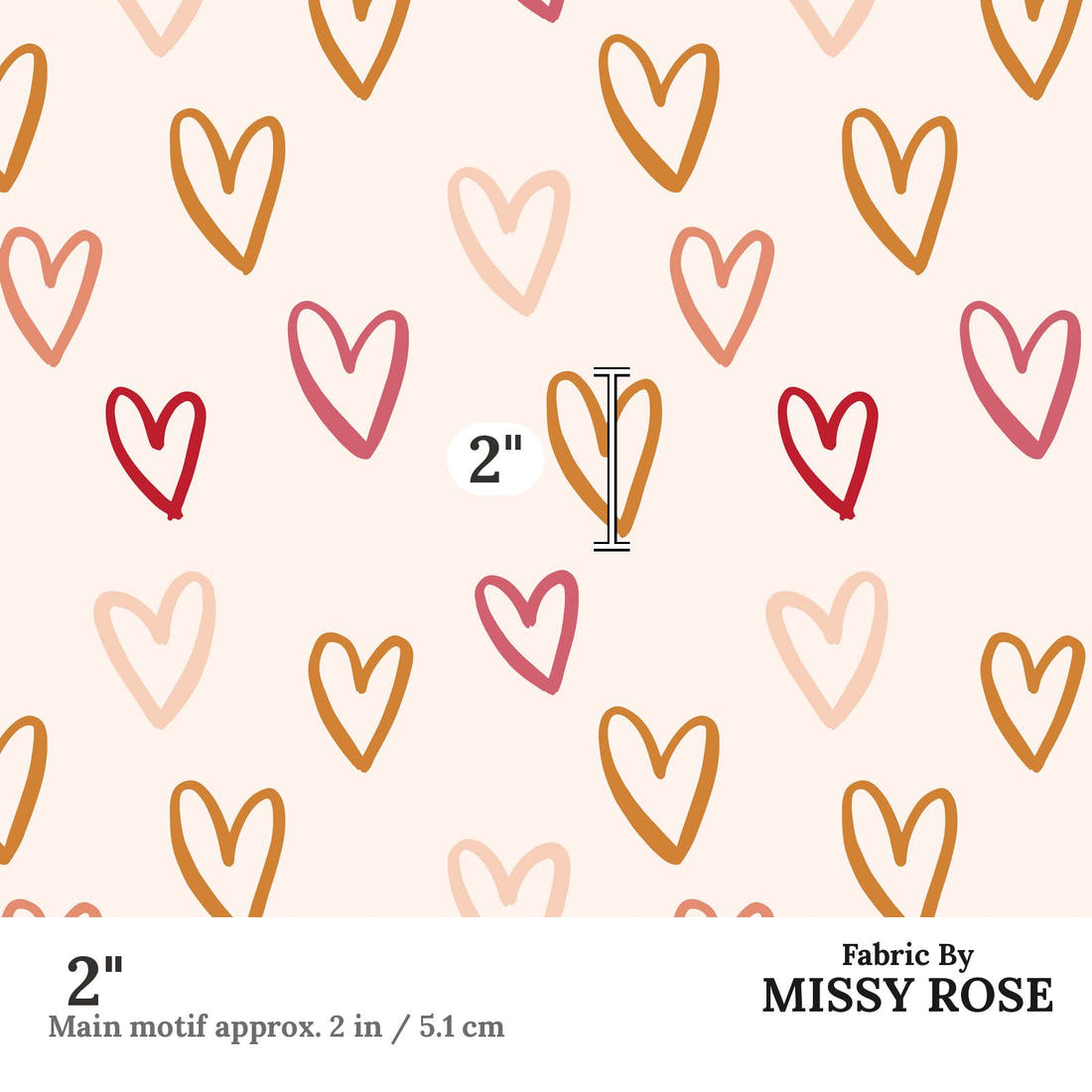 Indy Bloom Fabric Candy Crush Rainbow Hearts in Cream 11 2 inch print scale guide | Fabric by Missy Rose