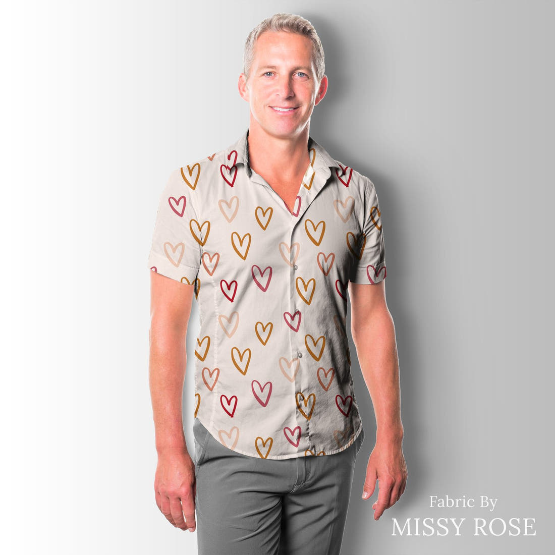 Indy Bloom Fabric Candy Crush Rainbow Hearts in Cream 11 sewn into a men's shirt - custom printed fabric | Fabric by Missy Rose