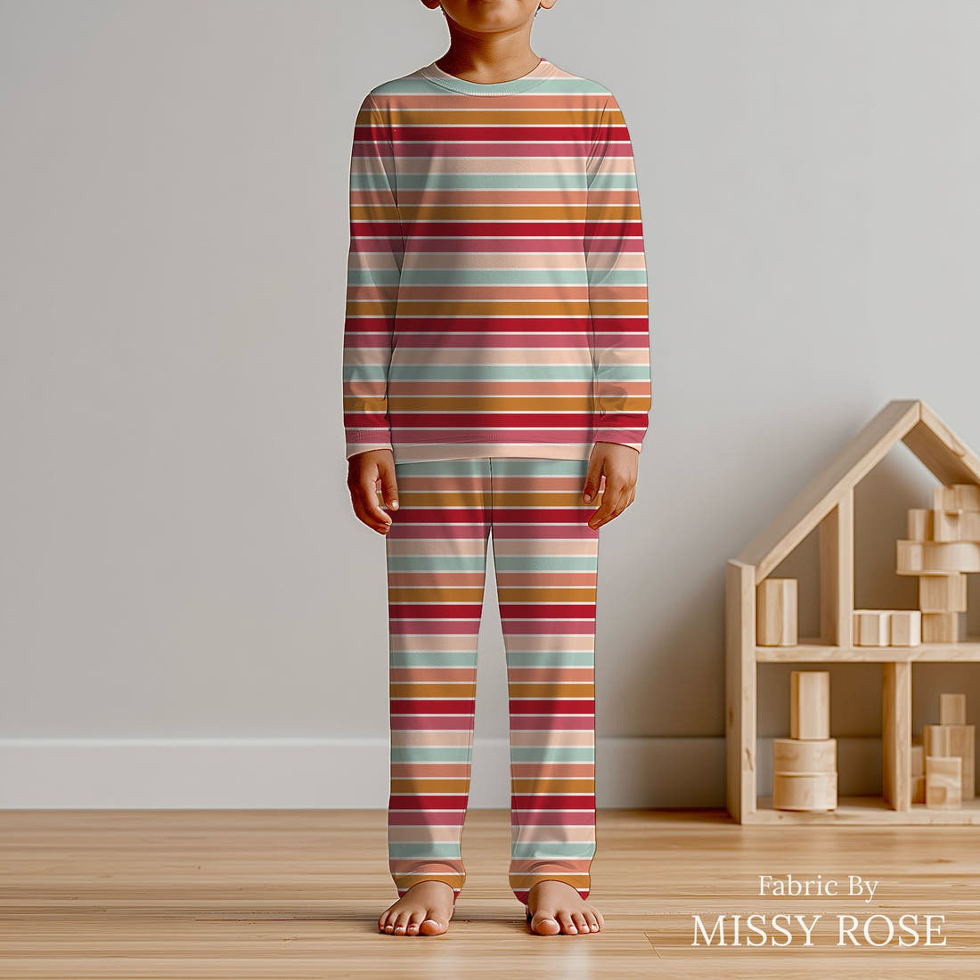 Indy Bloom Fabric Candy Crush Sunset Crush Stripe 12 sewn into kids' pyjamas - custom printed fabric | Fabric by Missy Rose