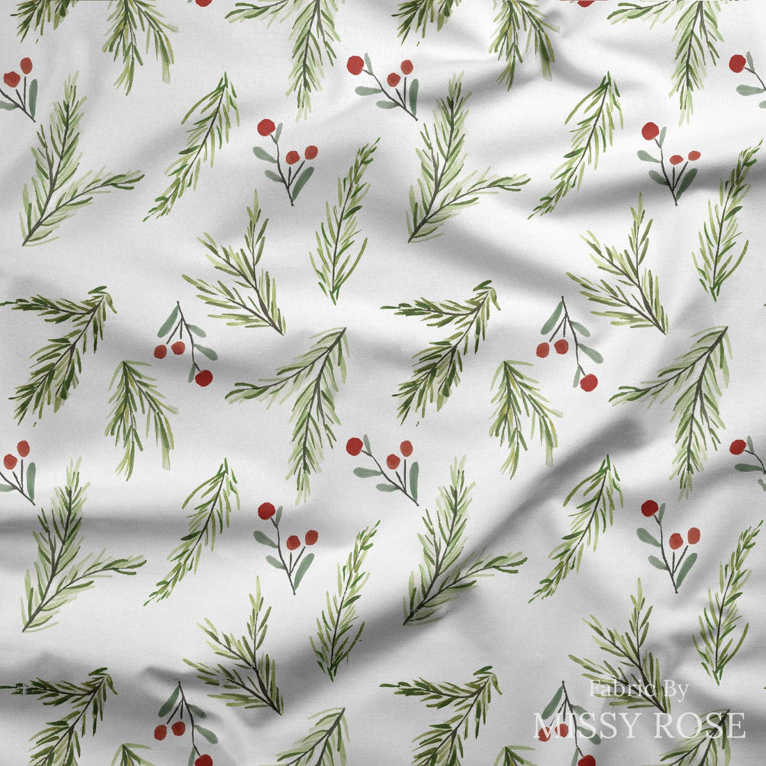 Indy Bloom Fabric Christmas Branch 03 draped fabric mockup - custom printed fabric by the metre | Fabric by Missy Rose