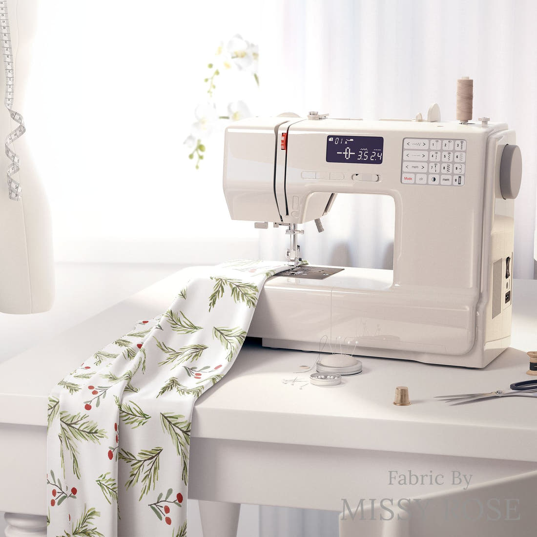 Indy Bloom Fabric Christmas Branch 03 fabric on a sewing machine - sew your own | Fabric by Missy Rose