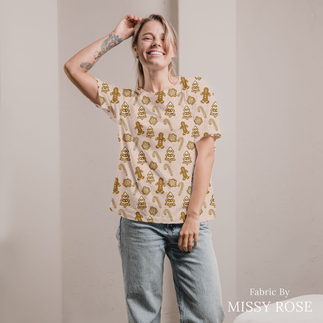 Indy Bloom Fabric Christmas Gingerbread 08 sewn into an all-over print shirt - custom printed fabric | Fabric by Missy Rose