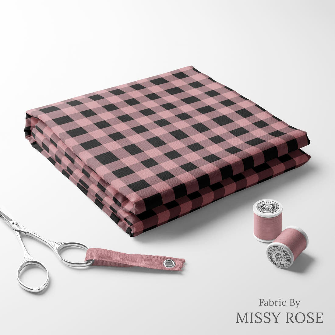 Indy Bloom Fabric Christmas Gingham Black and Pink 39 folded fabric stack with matching thread - pre-order fabric Australia | Fabric by Missy Rose