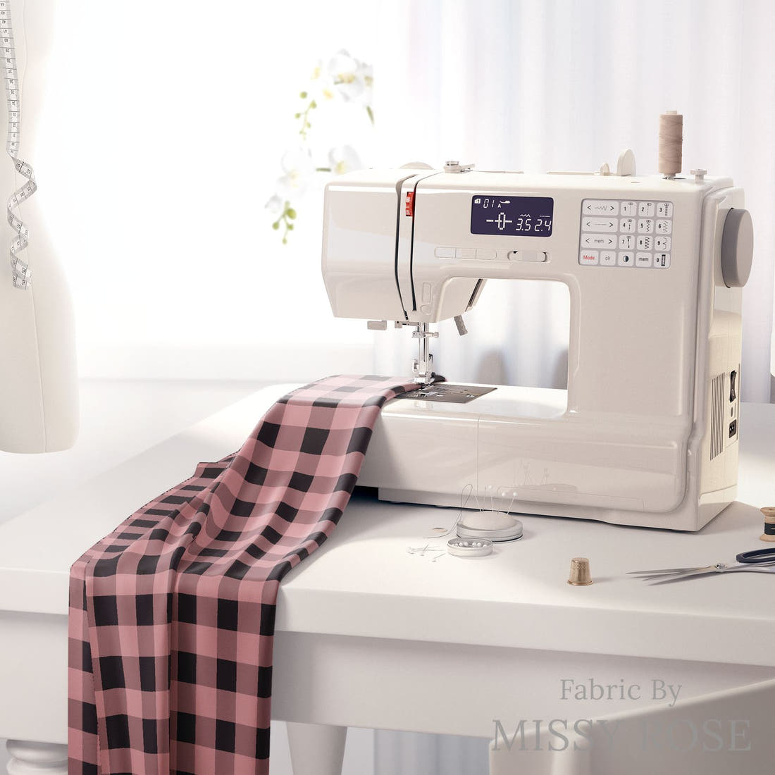 Indy Bloom Fabric Christmas Gingham Black and Pink 39 fabric on a sewing machine - sew your own | Fabric by Missy Rose