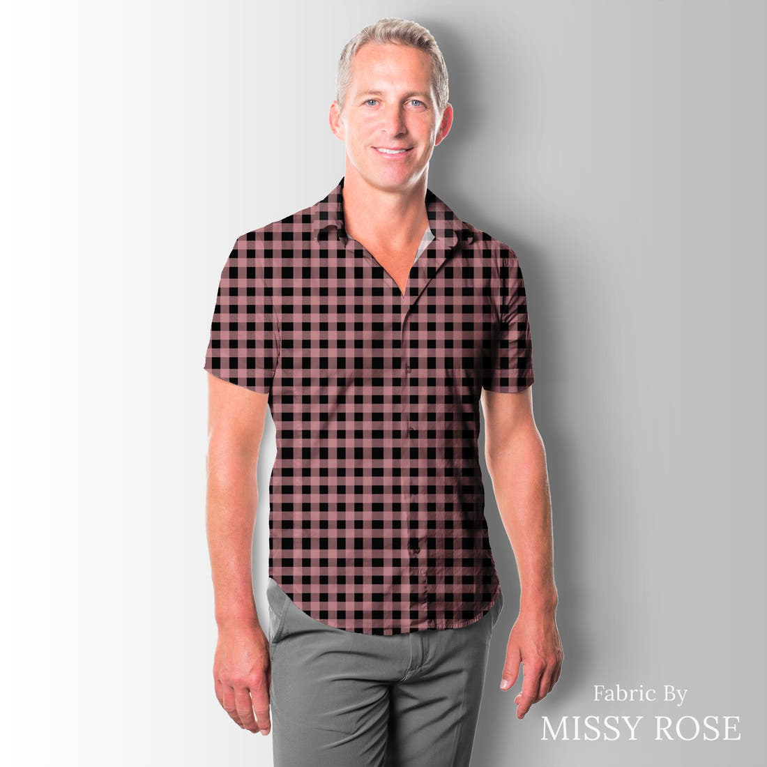 Indy Bloom Fabric Christmas Gingham Black and Pink 39 sewn into a men's shirt - custom printed fabric | Fabric by Missy Rose