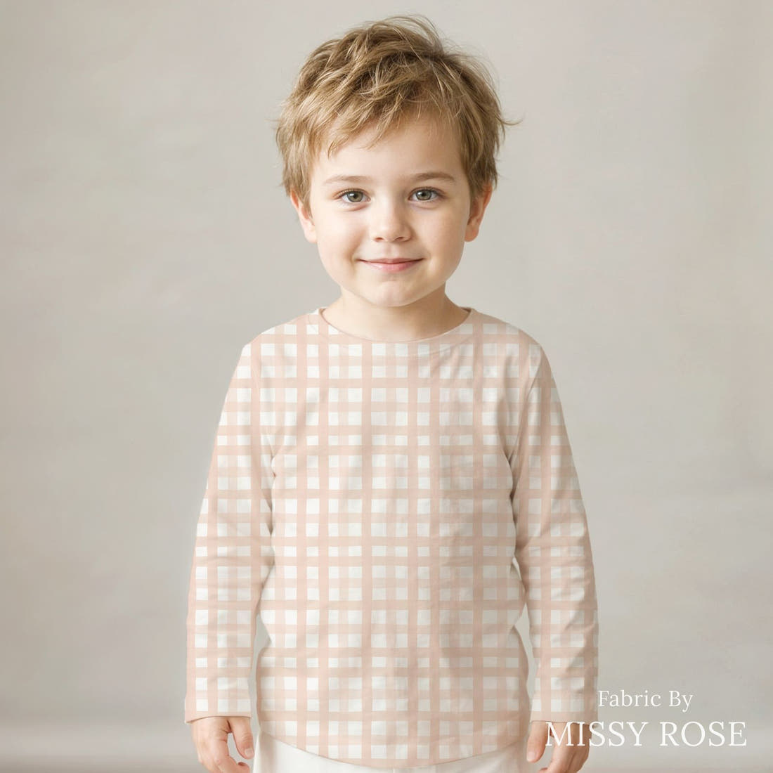 Indy Bloom Fabric Christmas Gingham in White/Blush 50 sewn into a kids' all-over tee - custom printed fabric | Fabric by Missy Rose