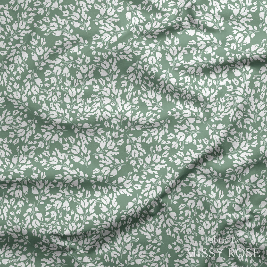 Indy Bloom Fabric Christmas Green Floral Frost 30 draped fabric mockup - custom printed fabric by the metre | Fabric by Missy Rose