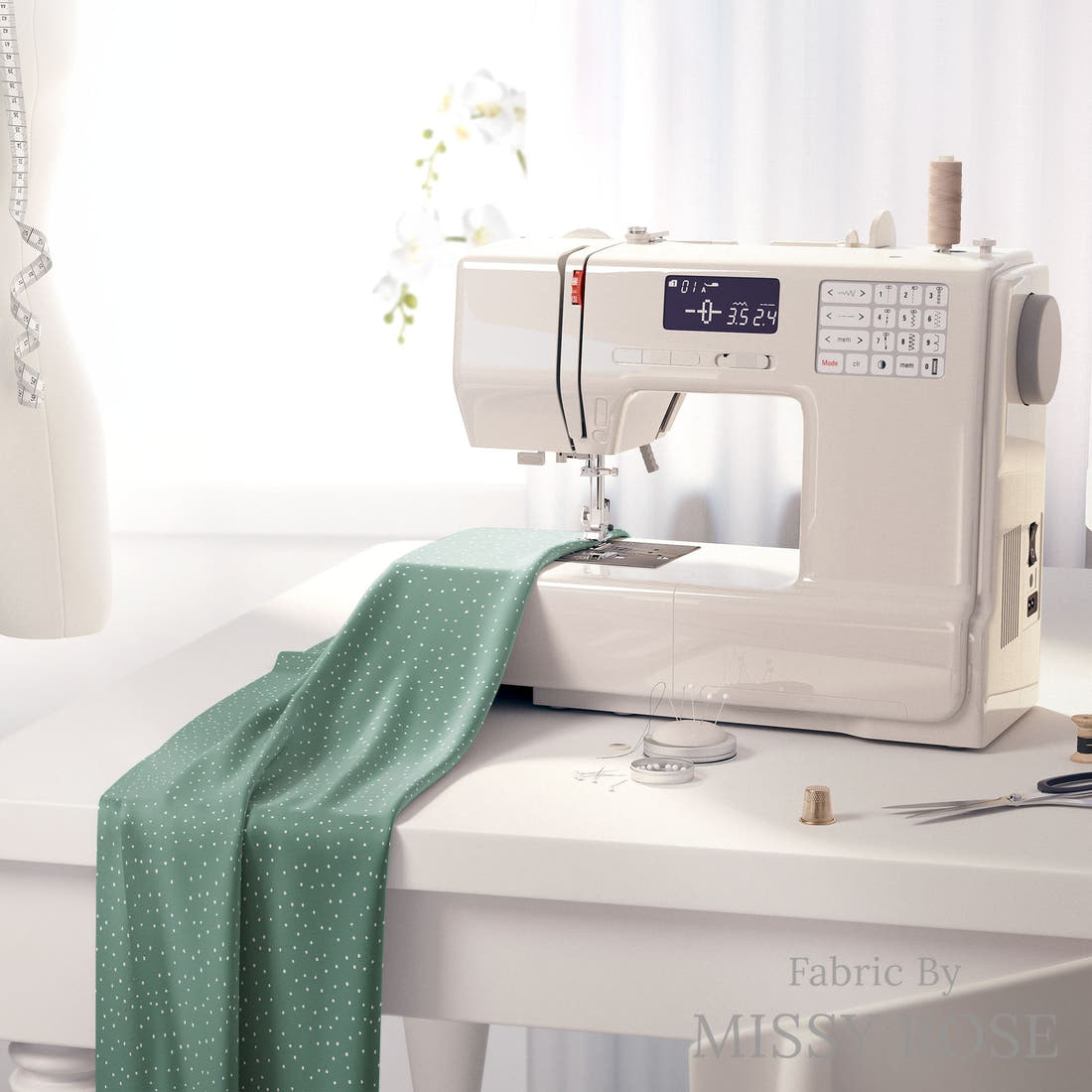 Indy Bloom Fabric Christmas Green Snow 43 fabric on a sewing machine - sew your own | Fabric by Missy Rose