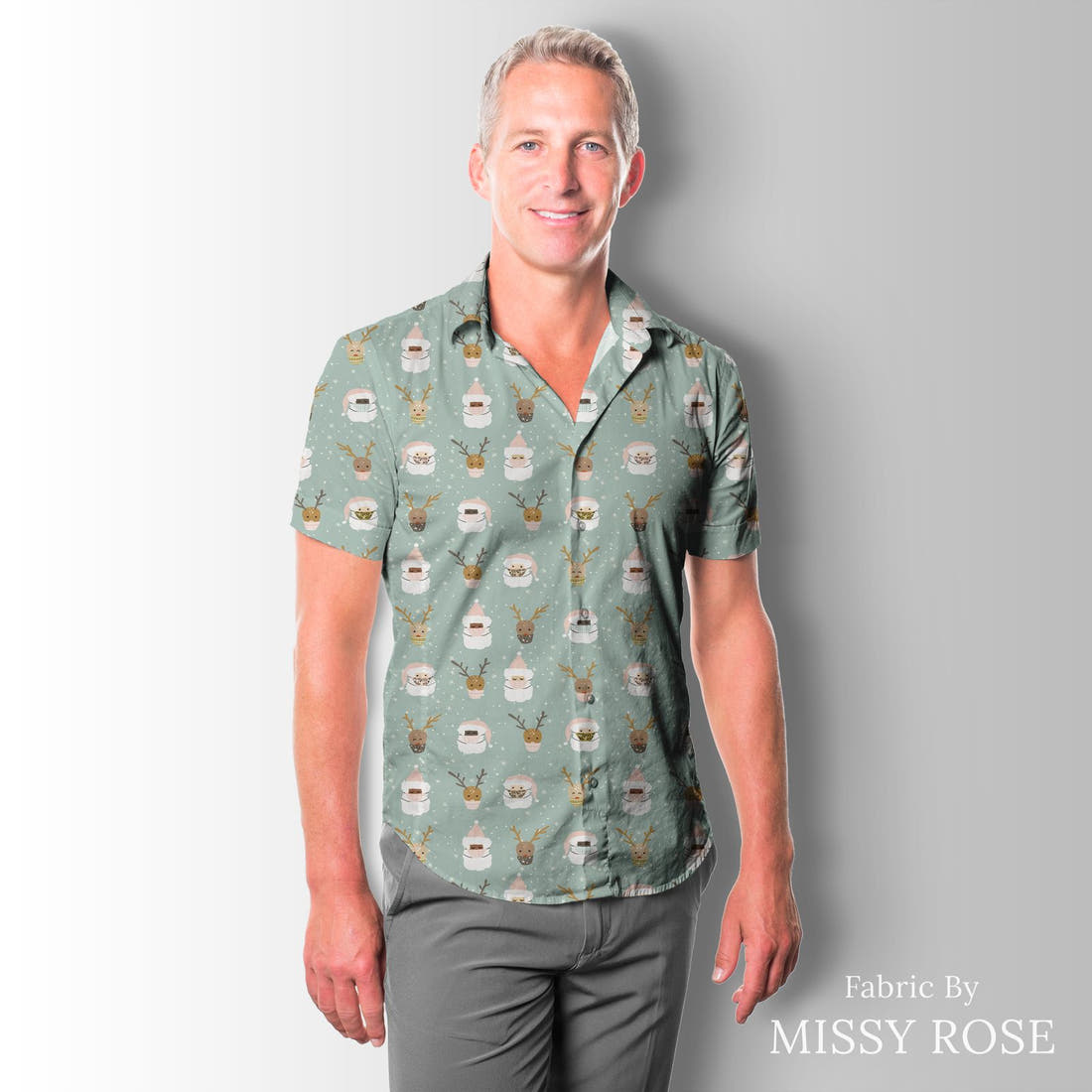 Indy Bloom Fabric Christmas Santa 11 sewn into a men's shirt - custom printed fabric | Fabric by Missy Rose