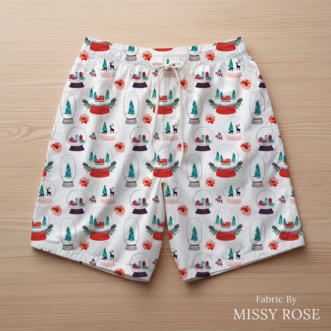 Indy Bloom Fabric Christmas Snow Globe 20 sewn into swim shorts - custom printed fabric | Fabric by Missy Rose
