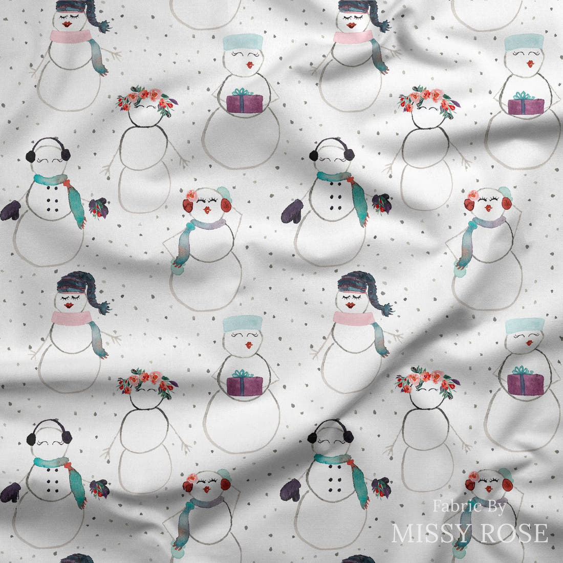 Indy Bloom Fabric Christmas Snow People 21 draped fabric mockup - custom printed fabric by the metre | Fabric by Missy Rose