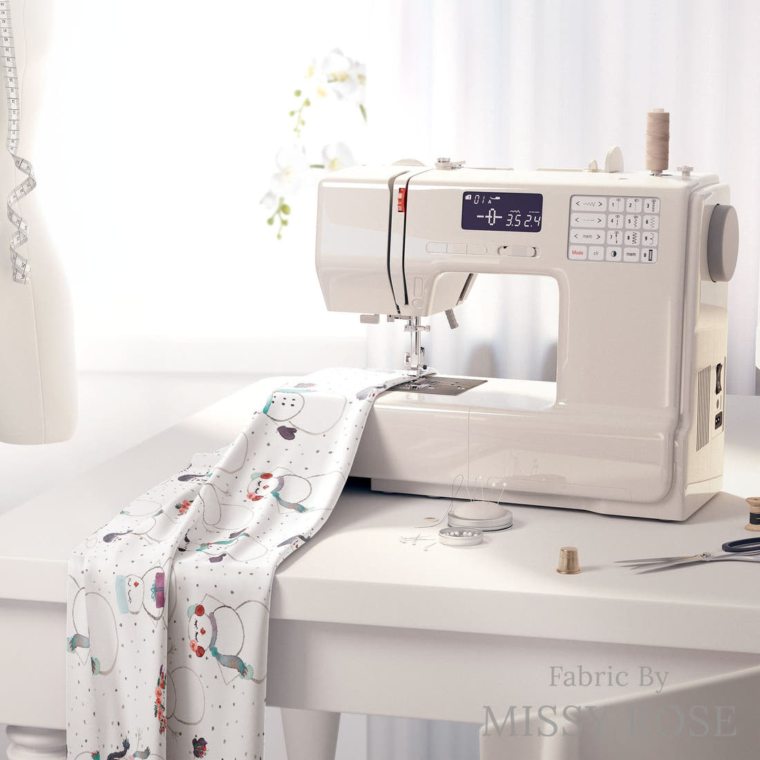 Indy Bloom Fabric Christmas Snow People 21 fabric on a sewing machine - sew your own | Fabric by Missy Rose