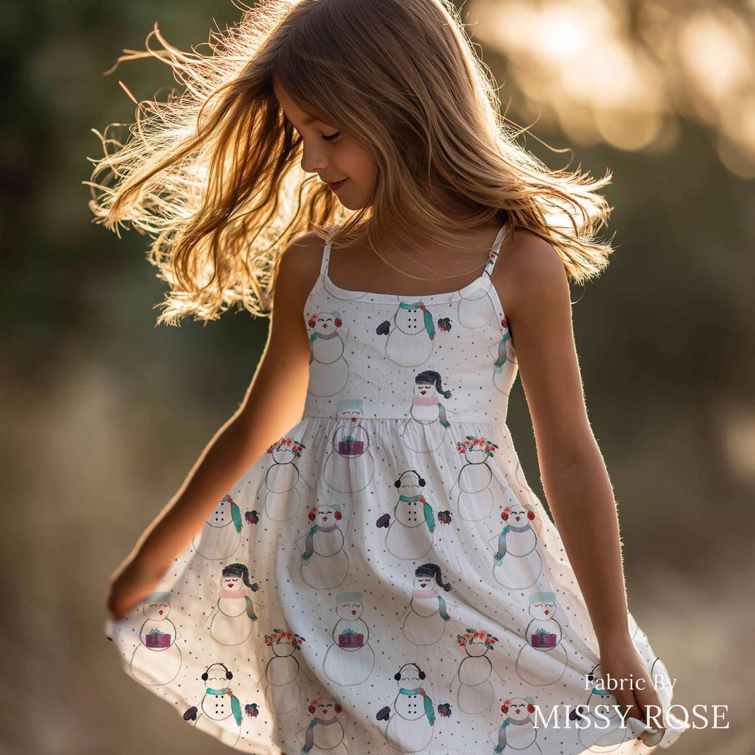 Indy Bloom Fabric Christmas Snow People 21 sewn into a girls' dress - custom printed fabric | Fabric by Missy Rose
