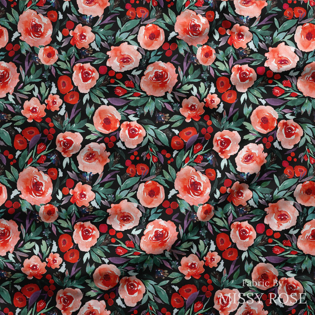 Indy Bloom Fabric Christmas Summer Berry Black 28 draped fabric mockup - custom printed fabric by the metre | Fabric by Missy Rose