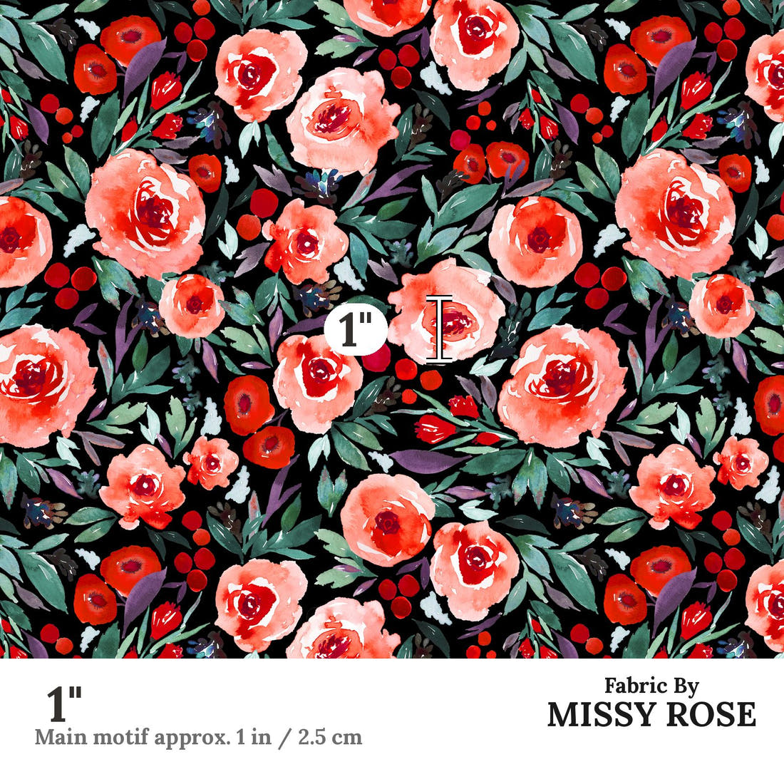 Indy Bloom Fabric Christmas Summer Berry Black 28 1 inch print scale guide | Fabric by Missy Rose