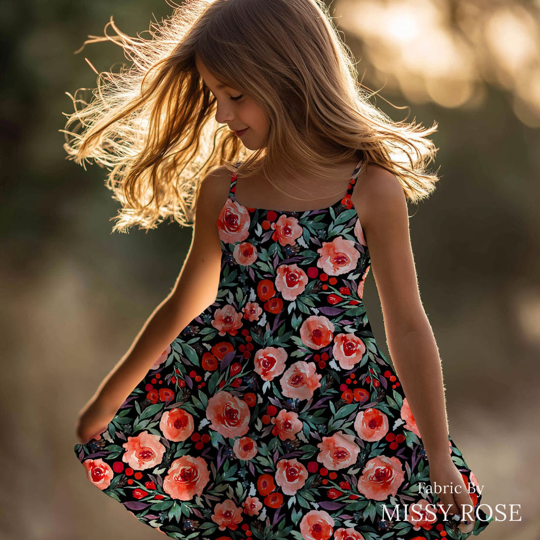Indy Bloom Fabric Christmas Summer Berry Black 28 sewn into a girls' dress - custom printed fabric | Fabric by Missy Rose